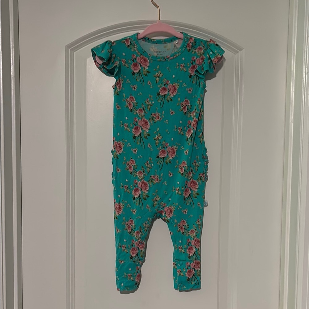 Posh Peanut Teal Floral Ruffle Romper